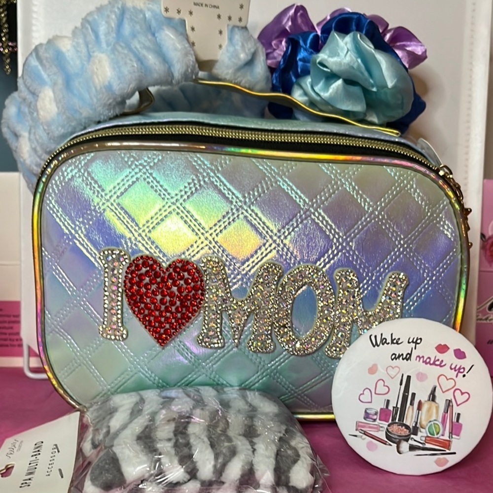 Silver and Red Quilted Cosmetic Bag with Accessories